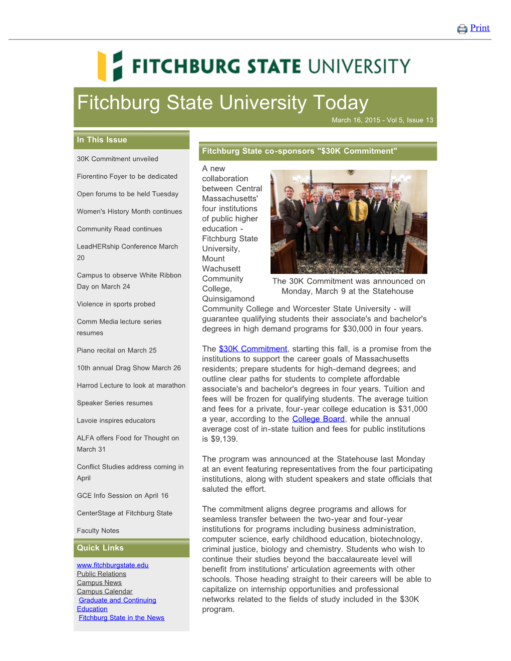 Fitchburg State University Today Newsletter for March 16 2015