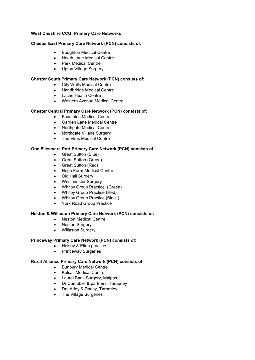 West Cheshire CCG: Primary Care Networks Chester East Primary