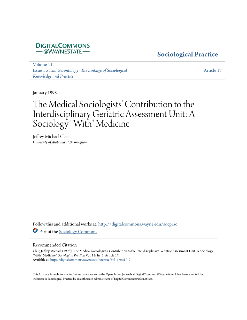 The Medical Sociologists' Contribution to the Interdisciplinary Geriatric Assessment Unit: a Sociology 