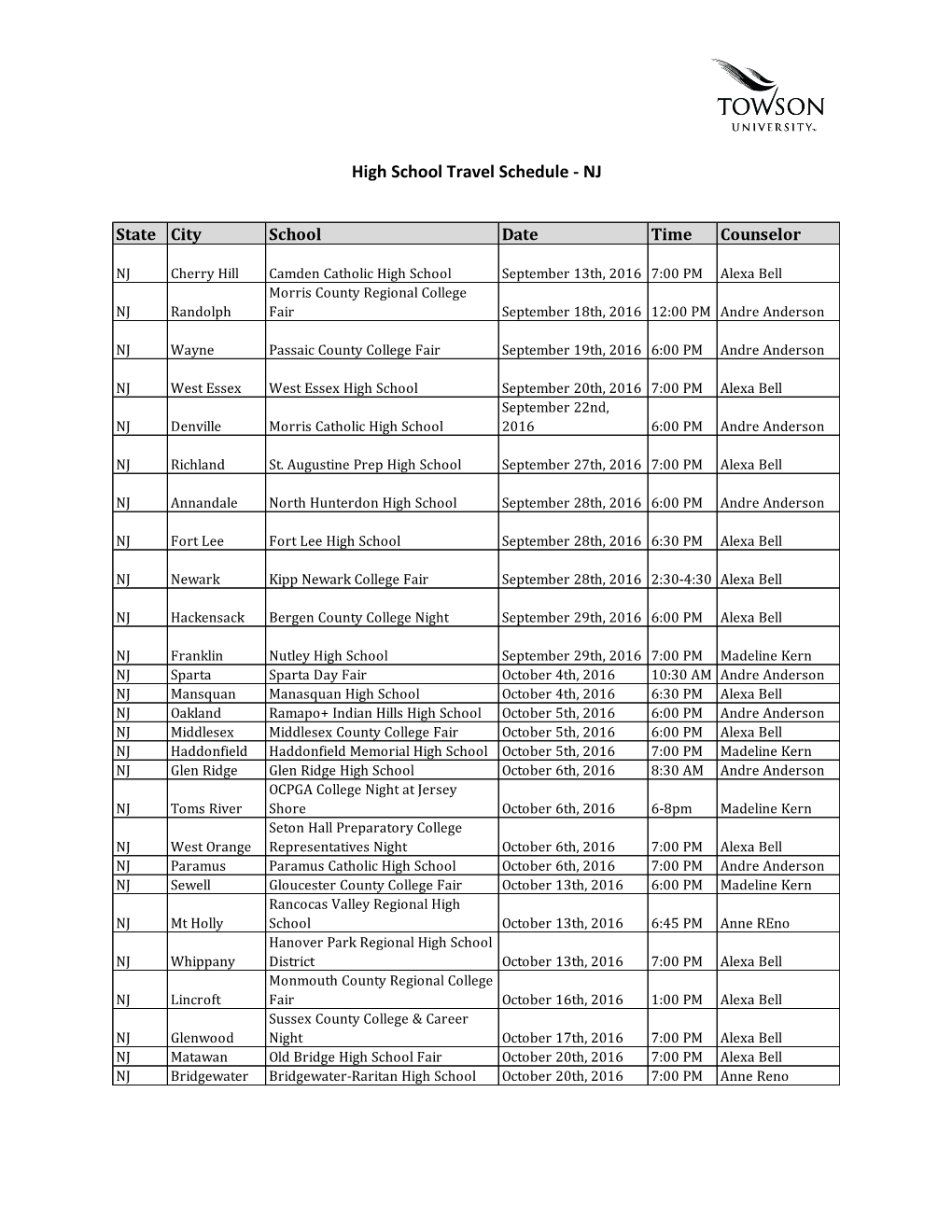 High School Travel Schedule - NJ