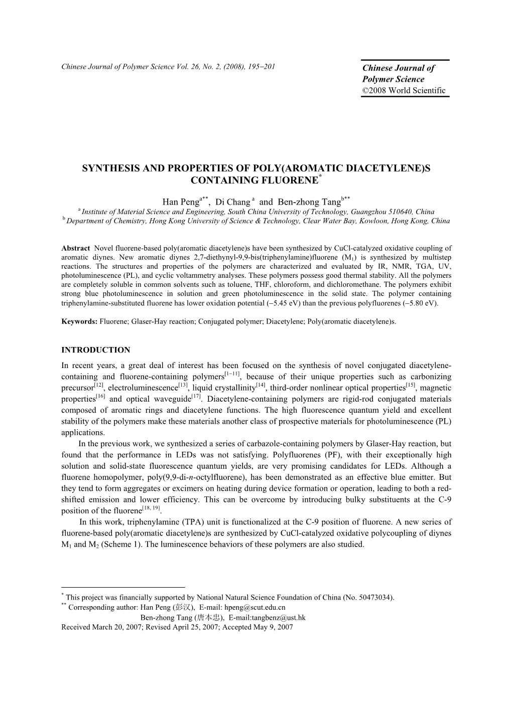 Synthesis and Properties of Poly(Aromatic Diacetylene)S Containing Fluorene*