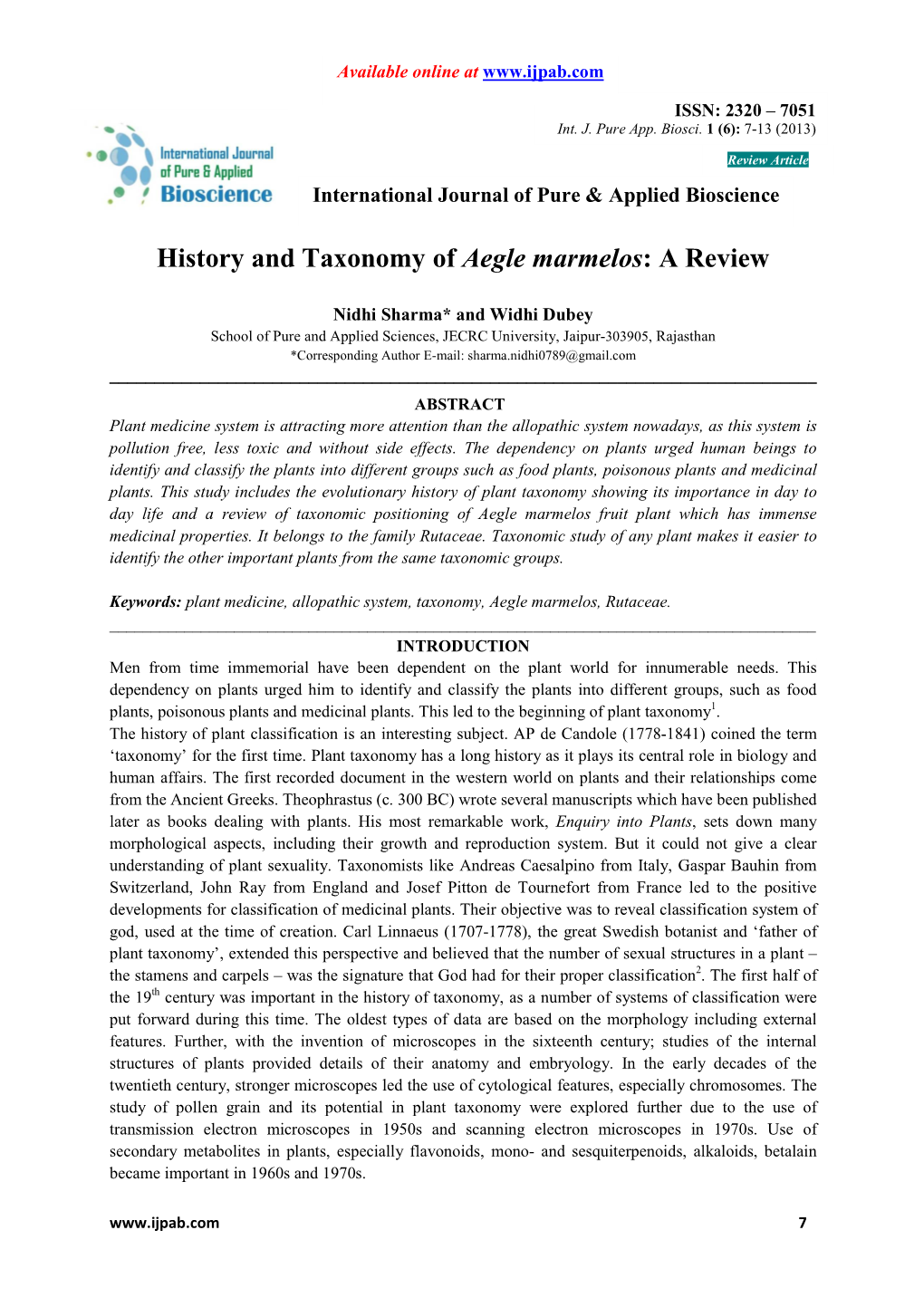 History and Taxonomy of Aegle Marmelos: a Review