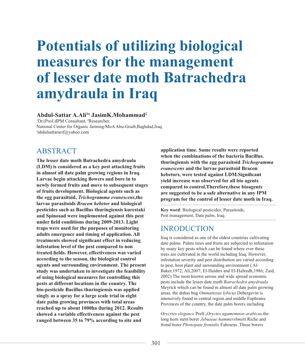 Potentials of Utilizing Biological Measures for the Management of Lesser Date Moth Batrachedra Amydraula in Iraq