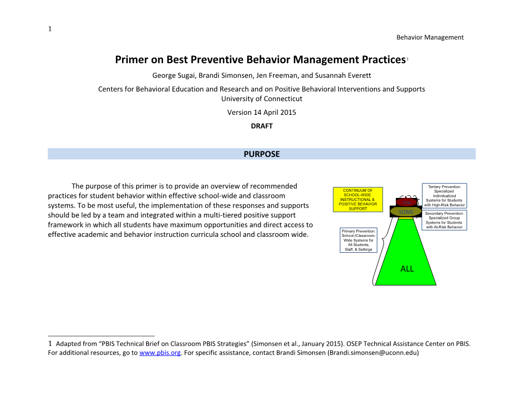 Primer on Best Preventive Behavior Management Practices 1