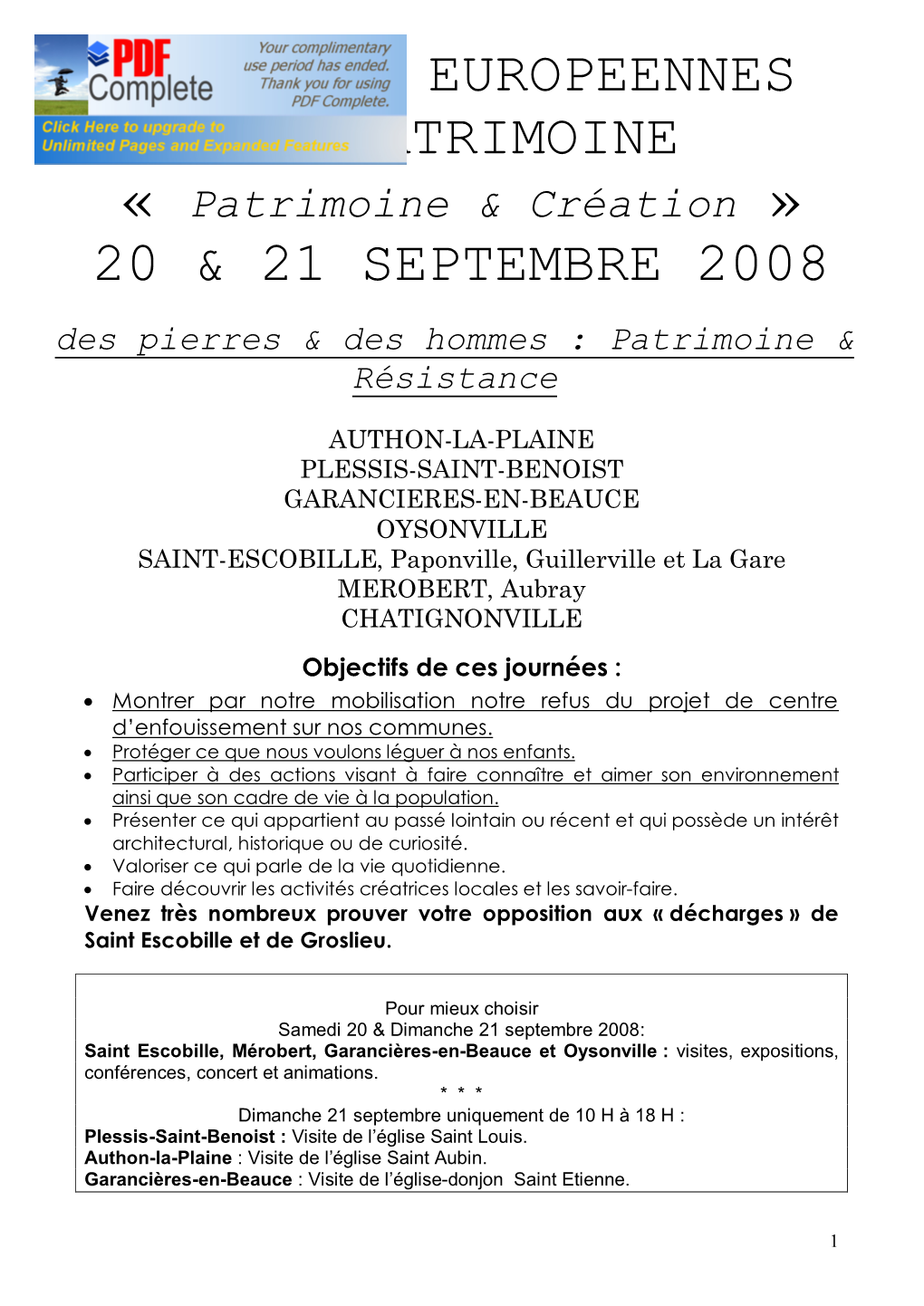 Journees Europeennes Du Patrimoine 20 & 21 Septembre 2008