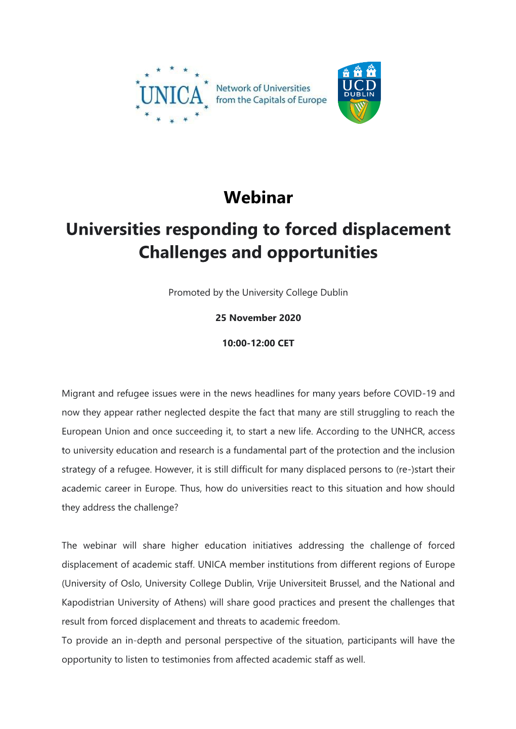 Webinar Universities Responding to Forced Displacement Challenges and Opportunities