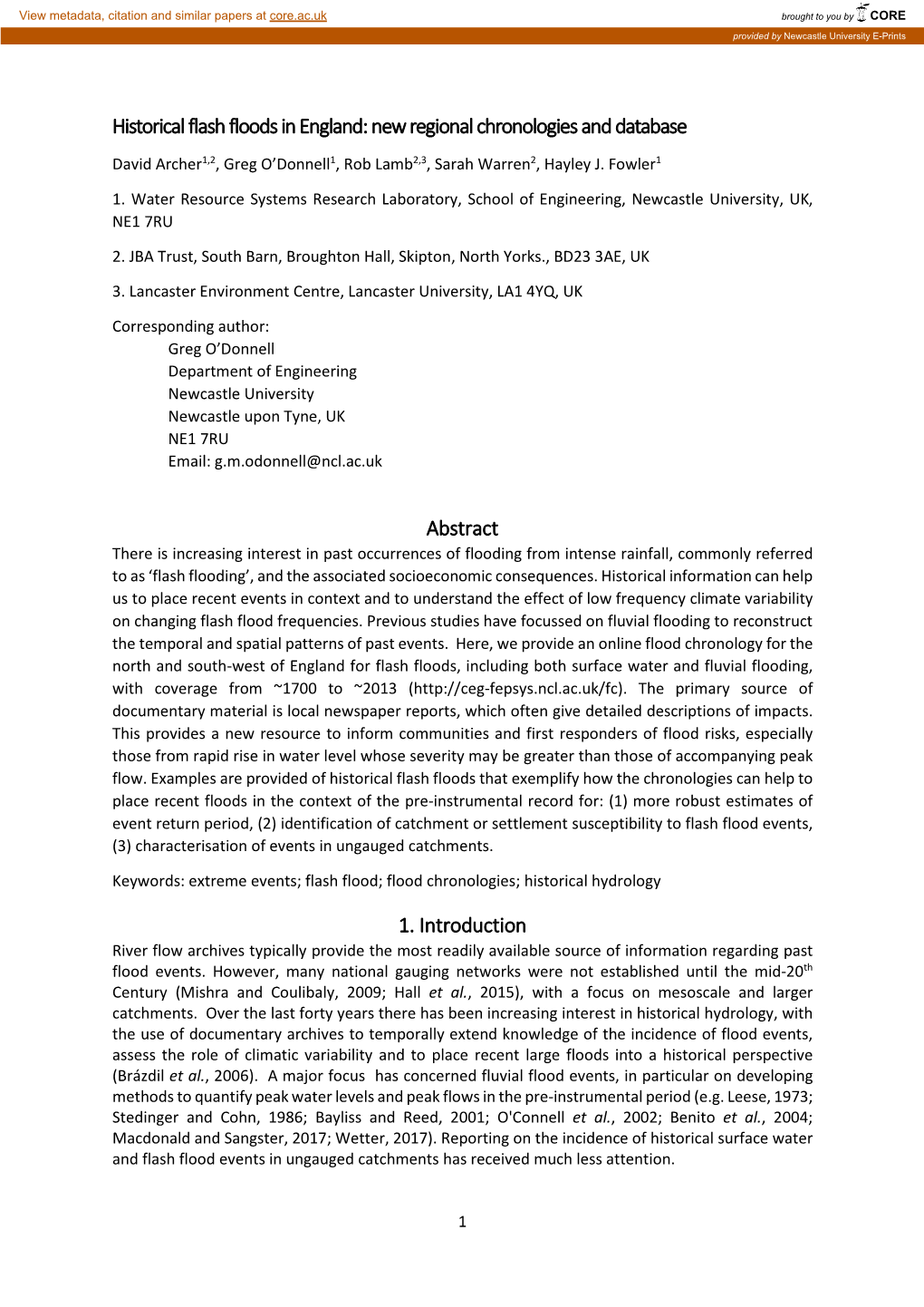 Historical Flash Floods in England: New Regional Chronologies and Database