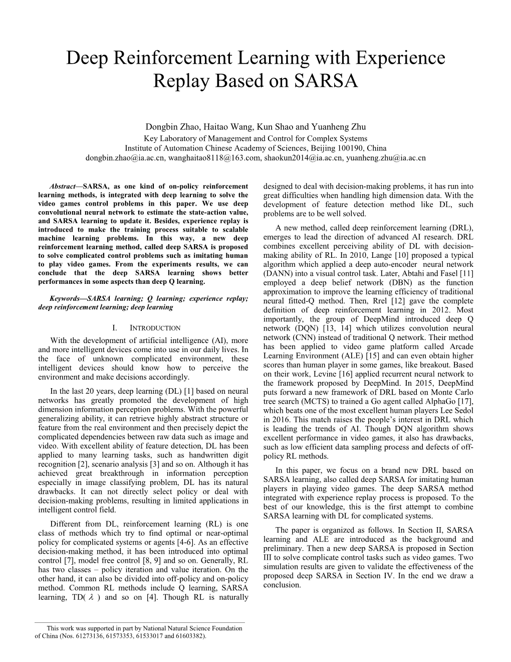 Deep Reinforcement Learning with Experience Replay Based on SARSA