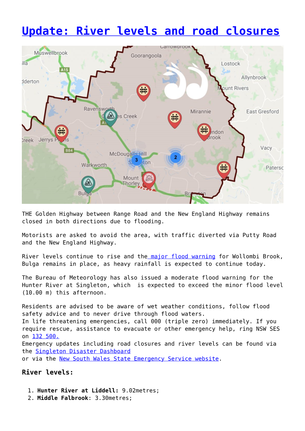 River Levels and Road Closures