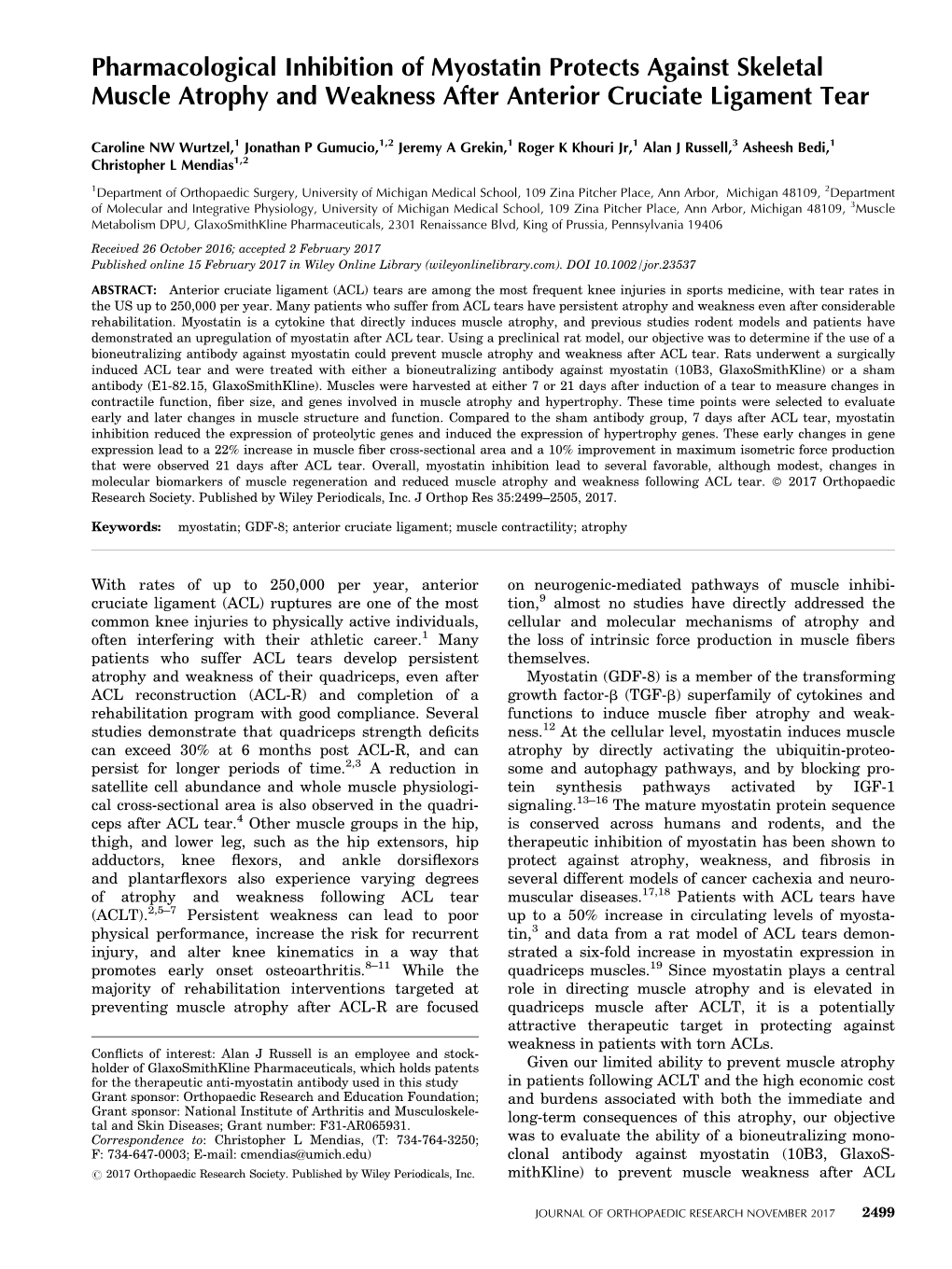 Pharmacological Inhibition of Myostatin Protects Against Skeletal Muscle Atrophy and Weakness After Anterior Cruciate Ligament Tear