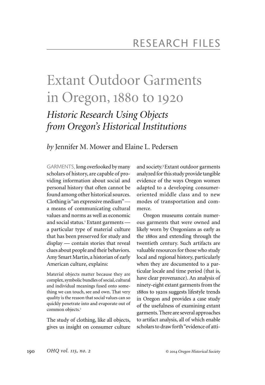 Extant Outdoor Garments in Oregon, 1880 to 1920 Historic Research Using Objects from Oregon’S Historical Institutions