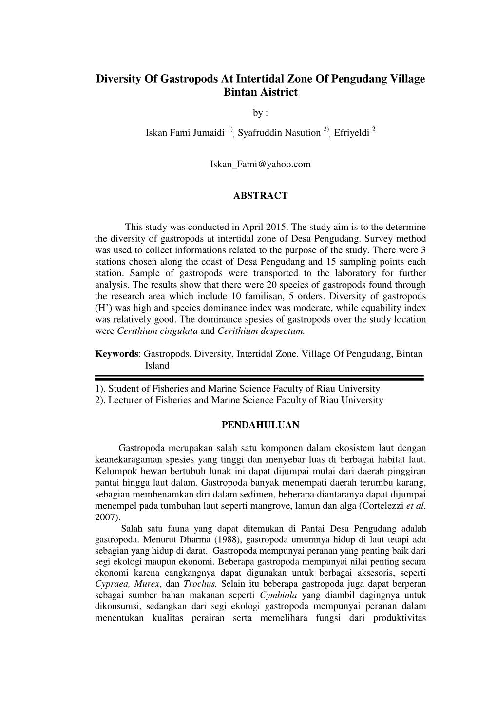 Diversity of Gastropods at Intertidal Zone of Pengudang Village Bintan Aistrict by