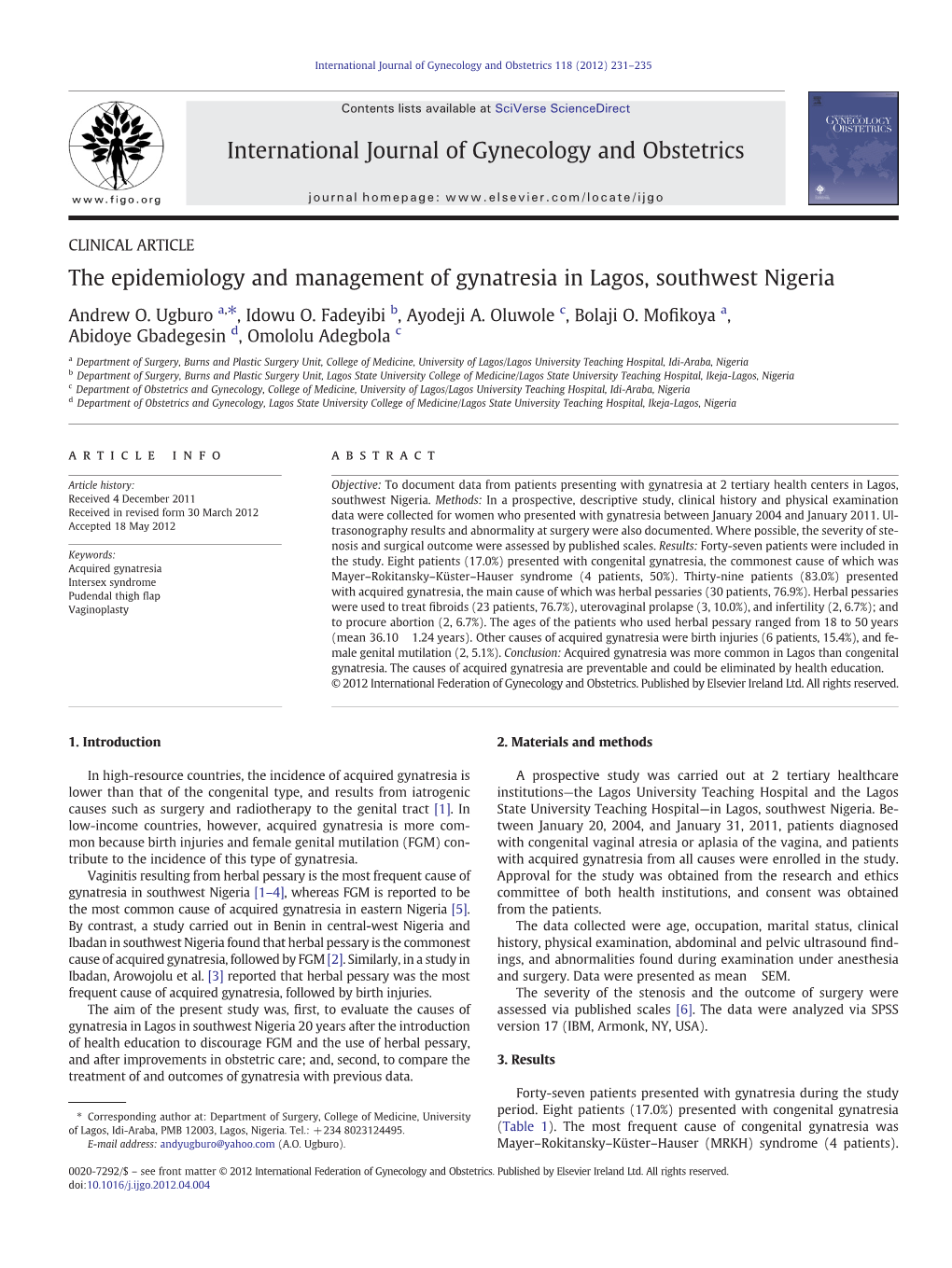 The Epidemiology and Management of Gynatresia in Lagos, Southwest Nigeria