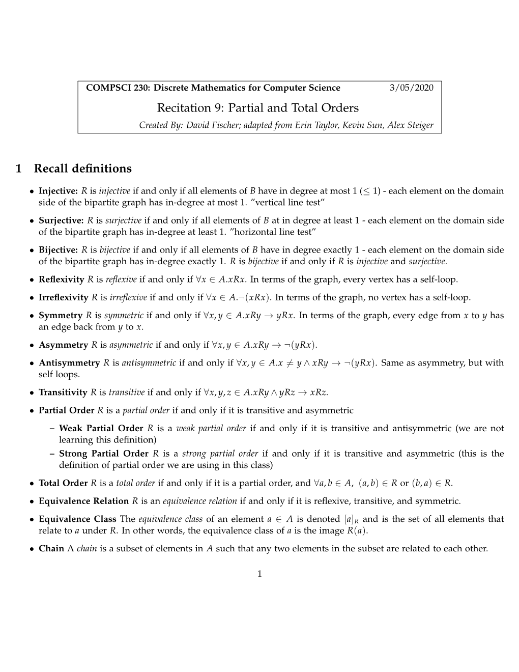 Recitation 9: Partial and Total Orders 1 Recall Definitions