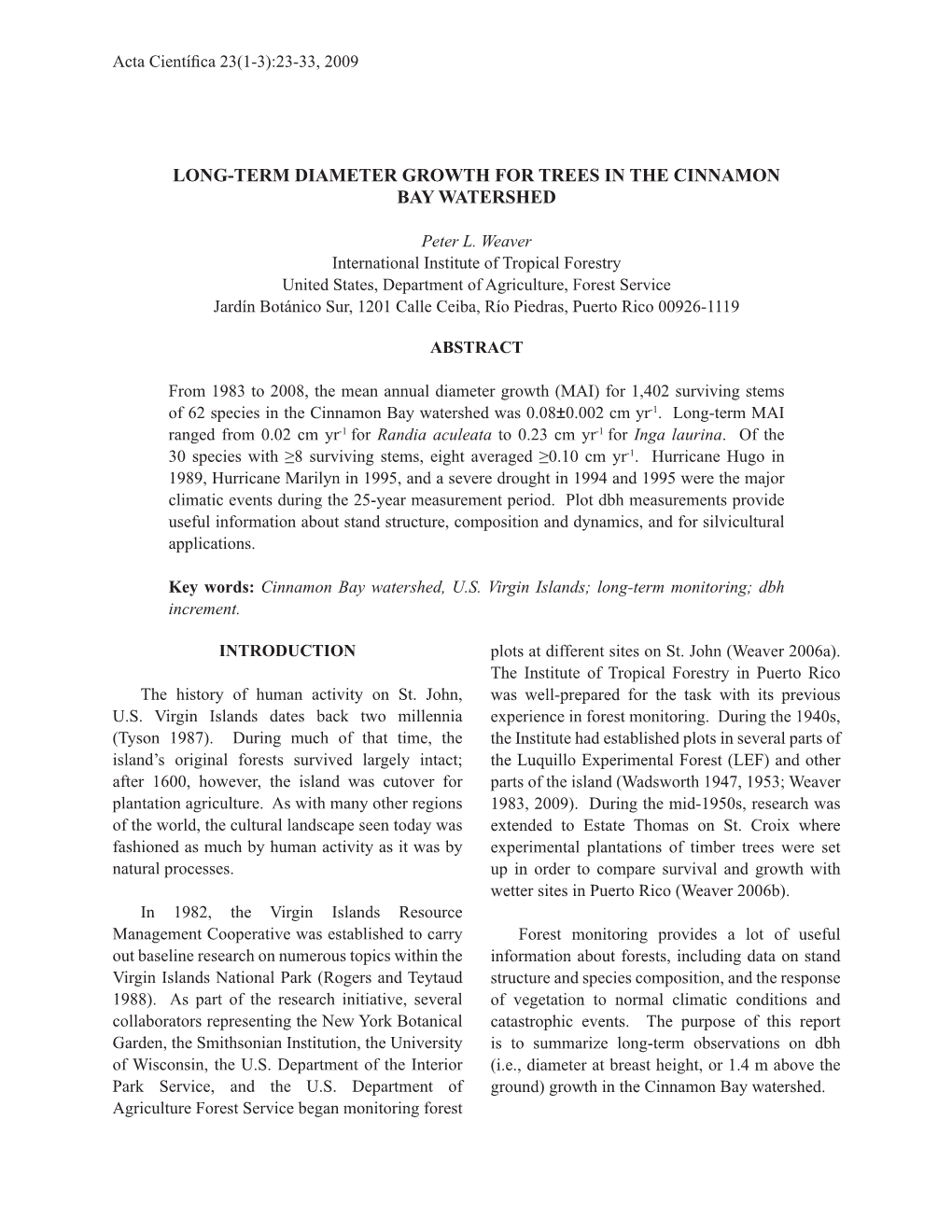 Long-Term Diameter Growth for Trees in the Cinnamon Bay Watershed