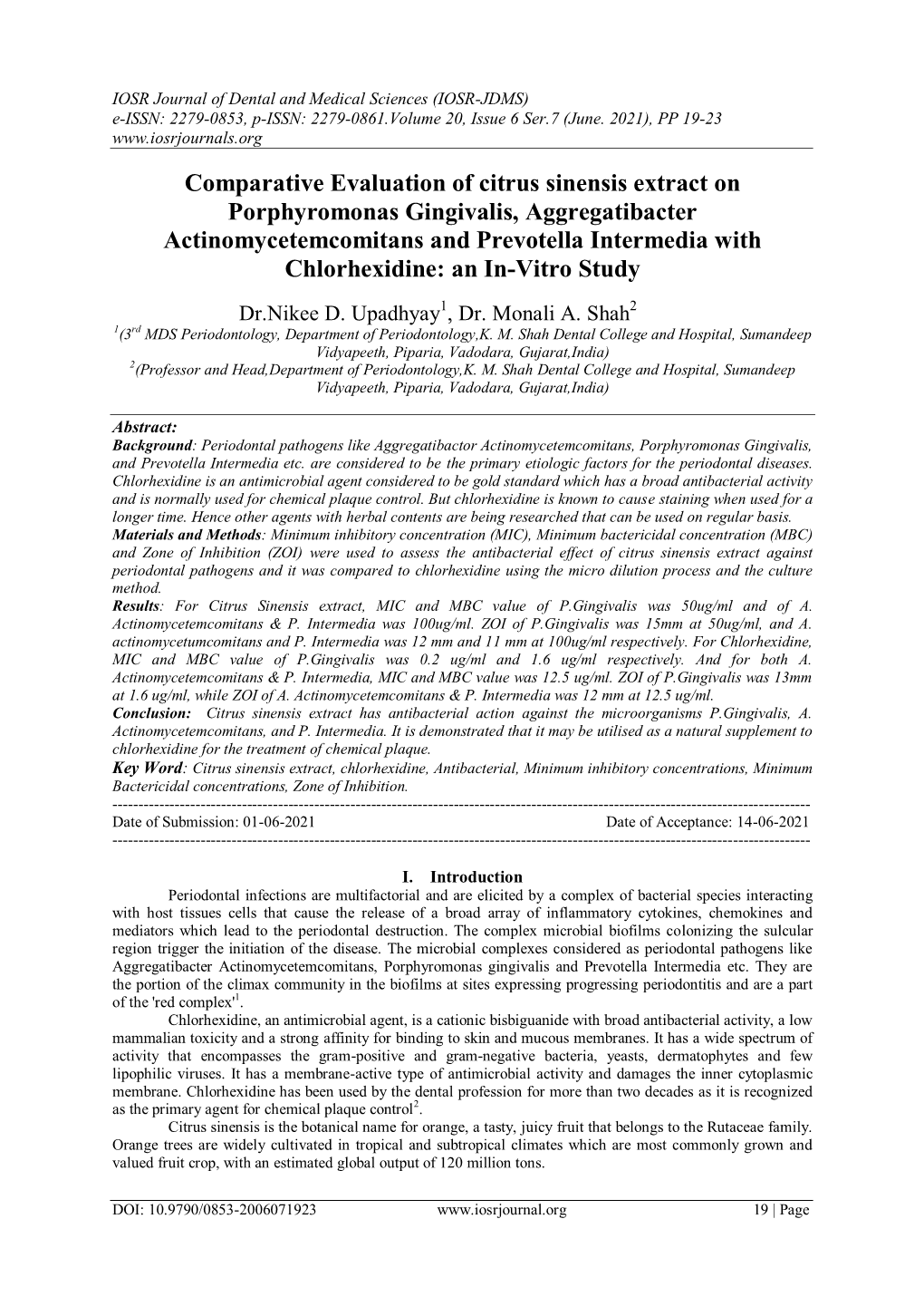 Comparative Evaluation of Citrus Sinensis Extract on Porphyromonas