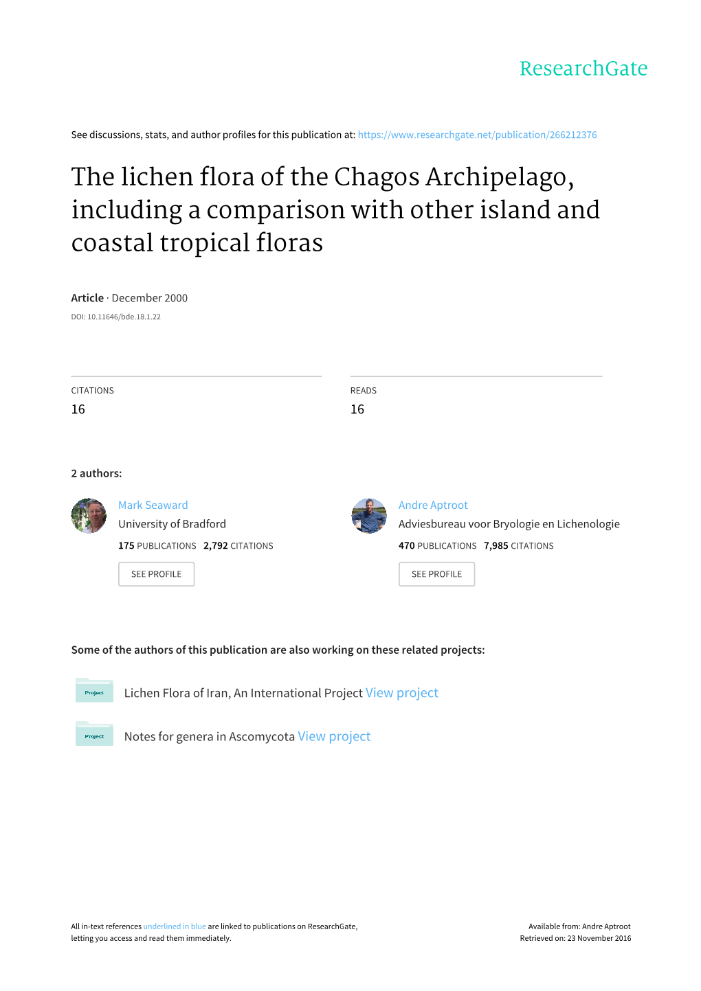 The Lichen Flora of the Chagos Archipelago, Including a Comparison with Other Island and Coastal Tropical Floras