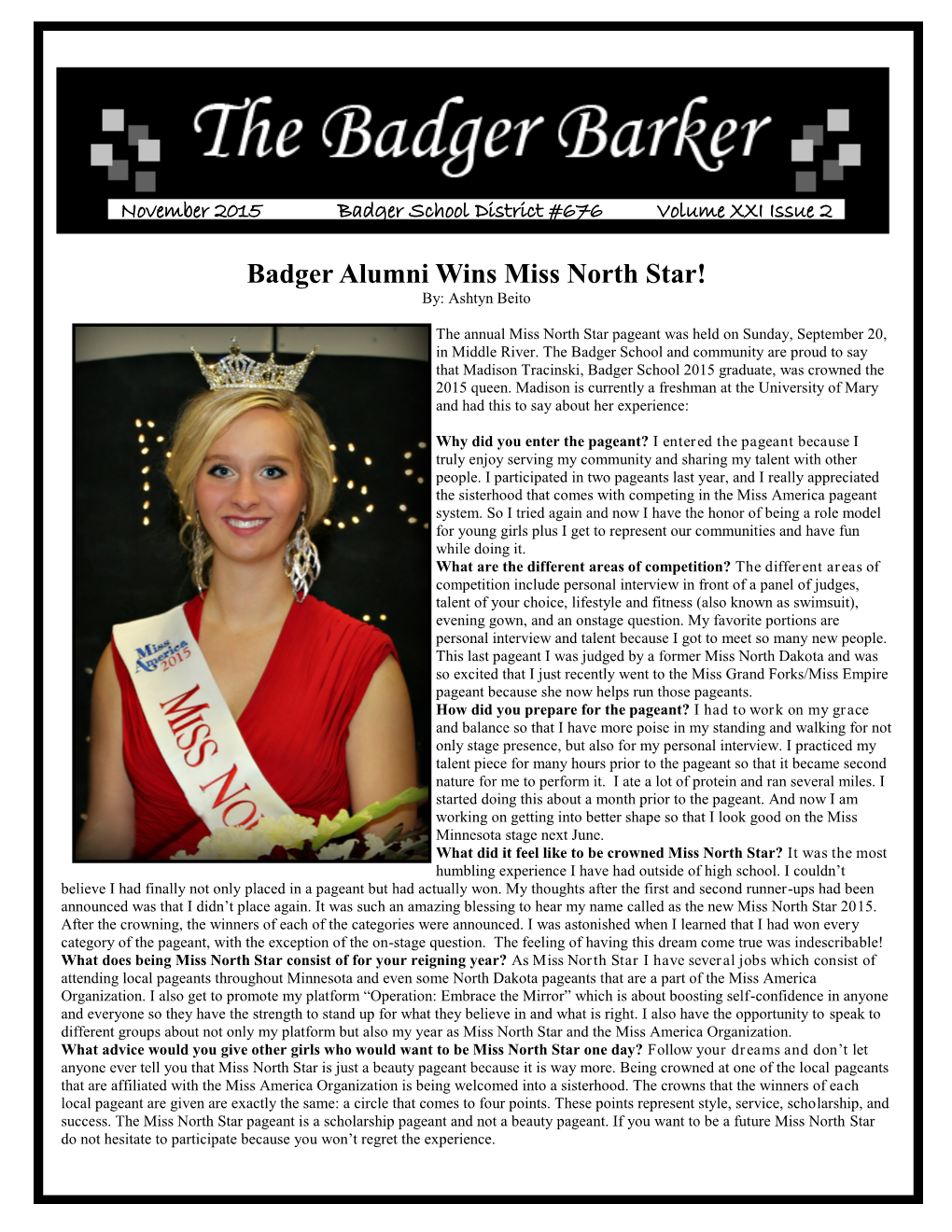 Badger Alumni Wins Miss North Star! By: Ashtyn Beito