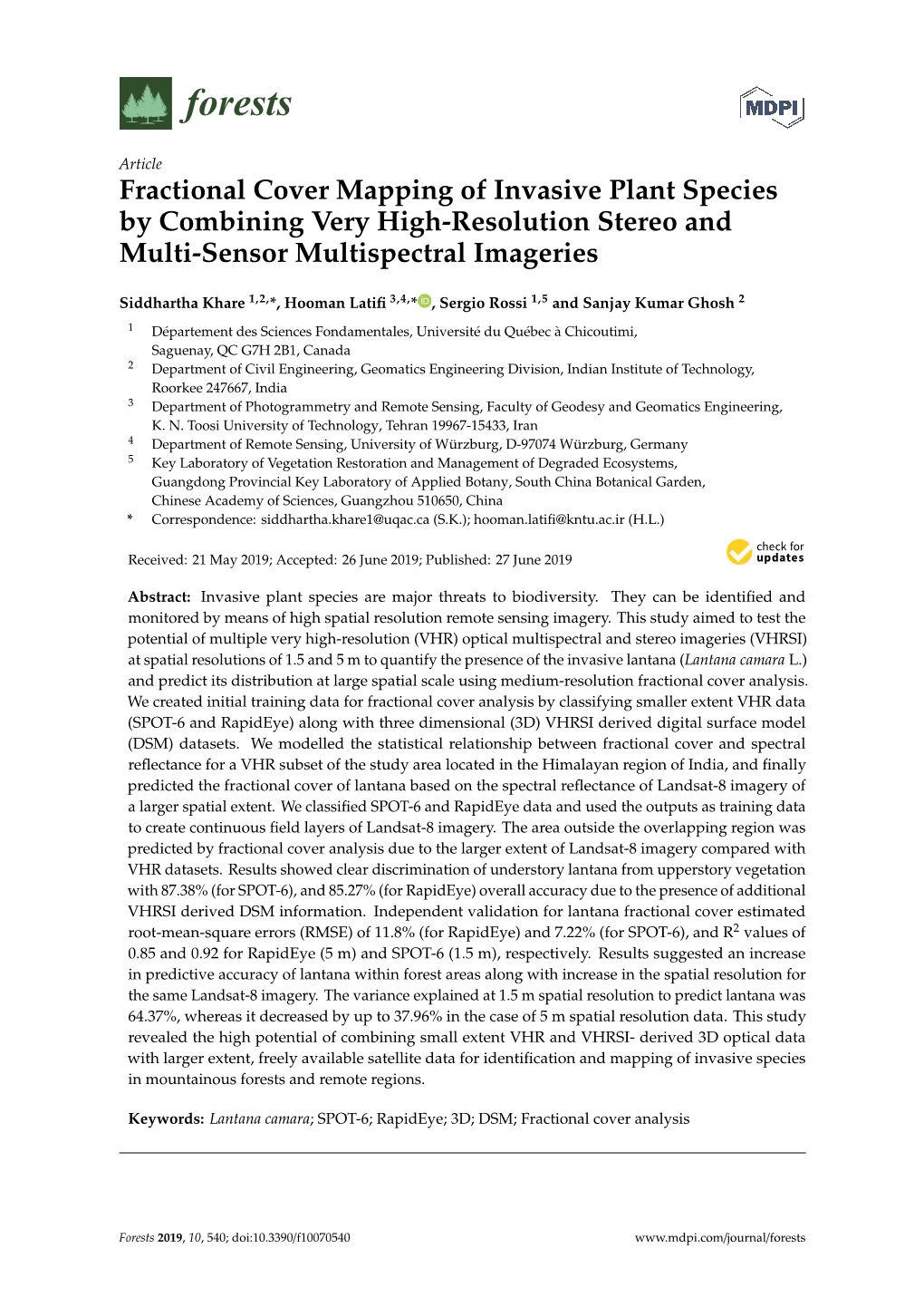 Fractional Cover Mapping of Invasive Plant Species by Combining Very High-Resolution Stereo and Multi-Sensor Multispectral Imageries