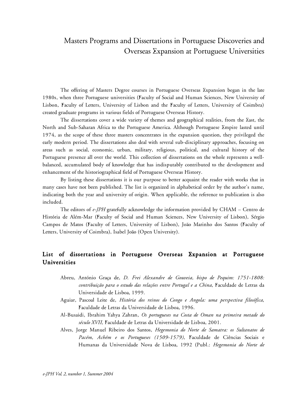 Masters Programs and Dissertations in Portuguese Discoveries and Overseas Expansion at Portuguese Universities