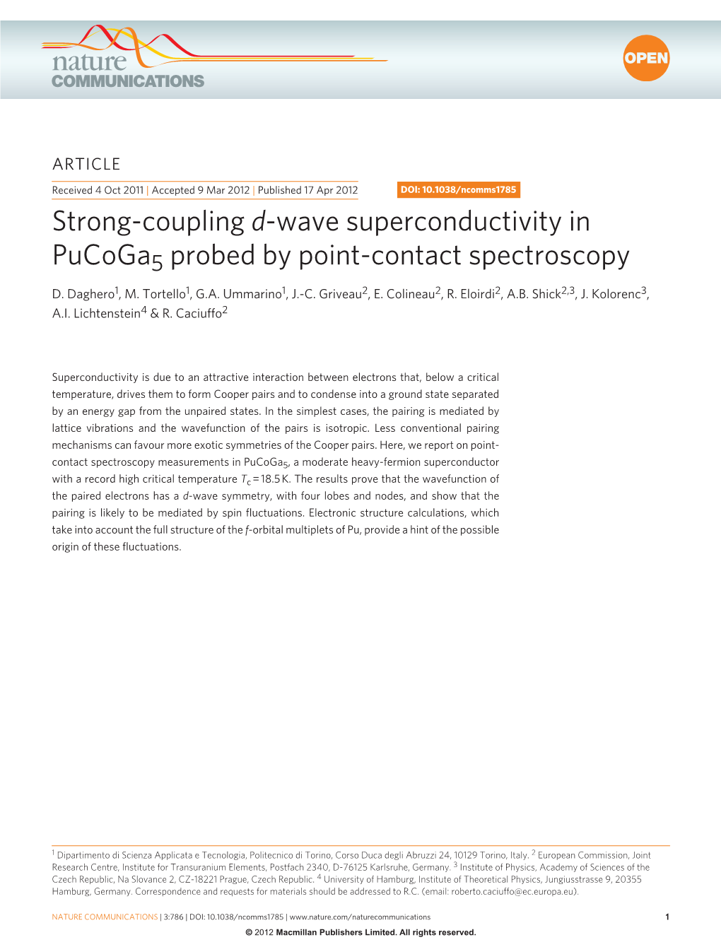 Strong-Coupling D-Wave Superconductivity in Pucoga5 Probed by Point-Contact Spectroscopy D