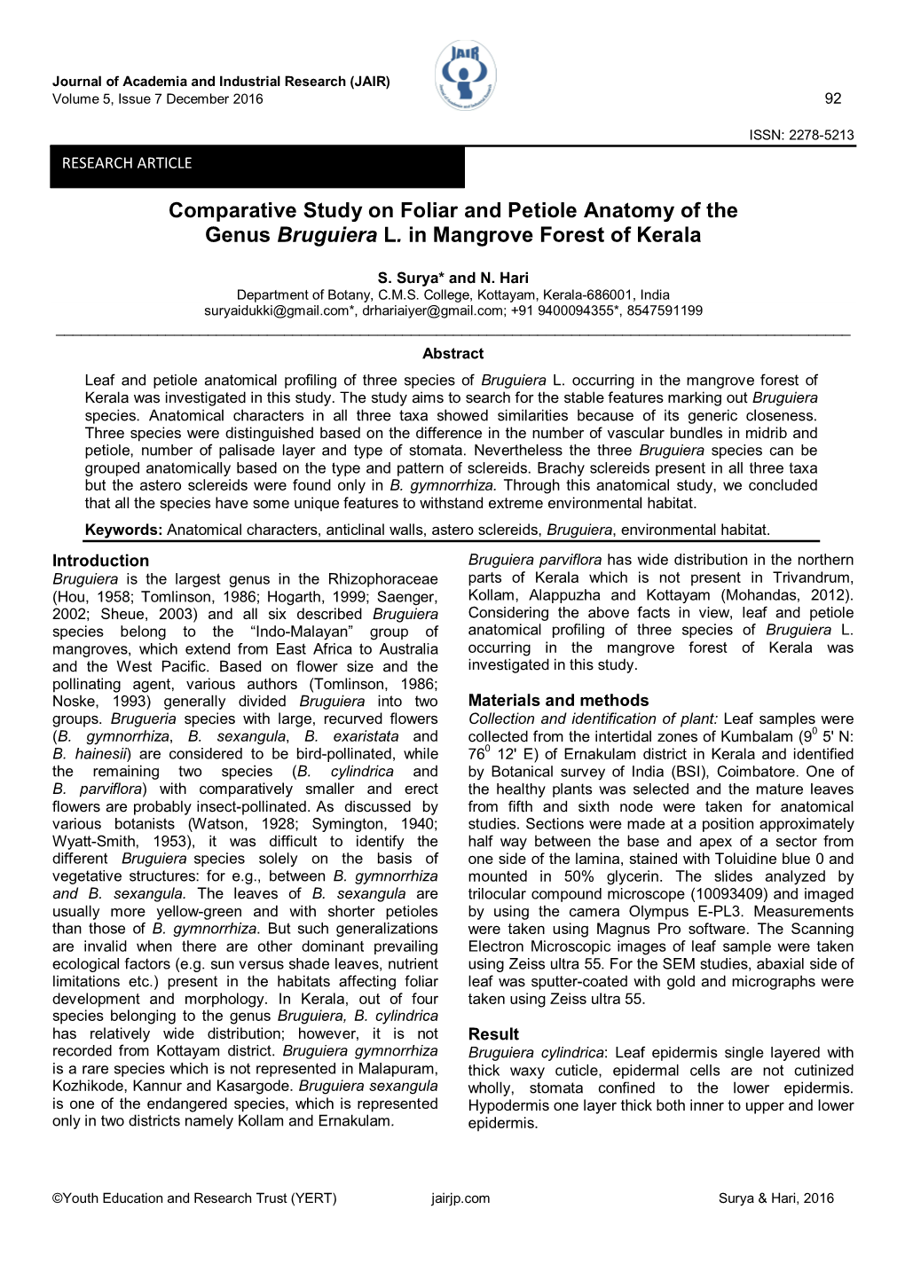 Comparative Study on Foliar and Petiole Anatomy of the Genus Bruguiera L