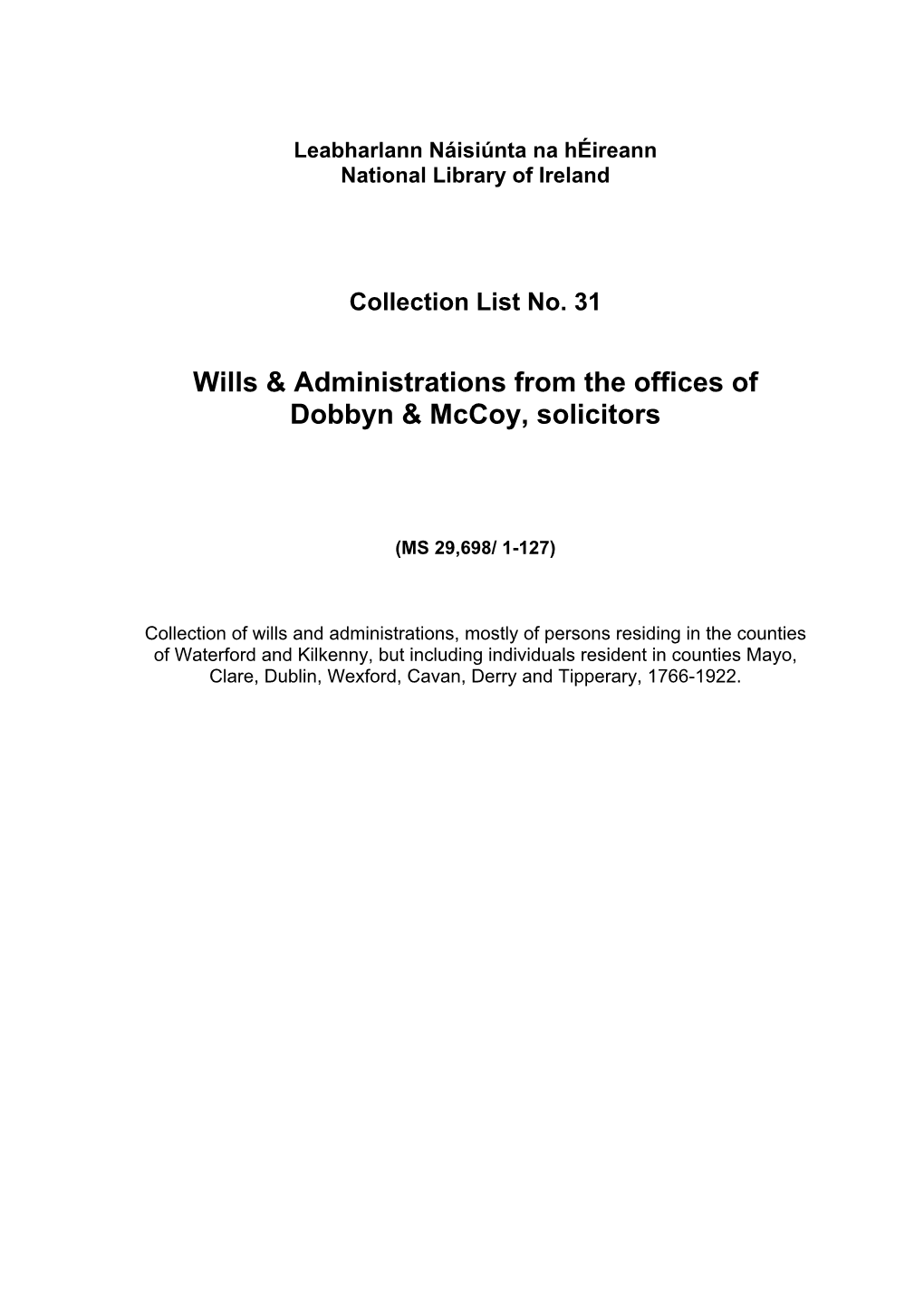 Wills & Administrations from the Offices of Dobbyn & Mccoy, Solicitors