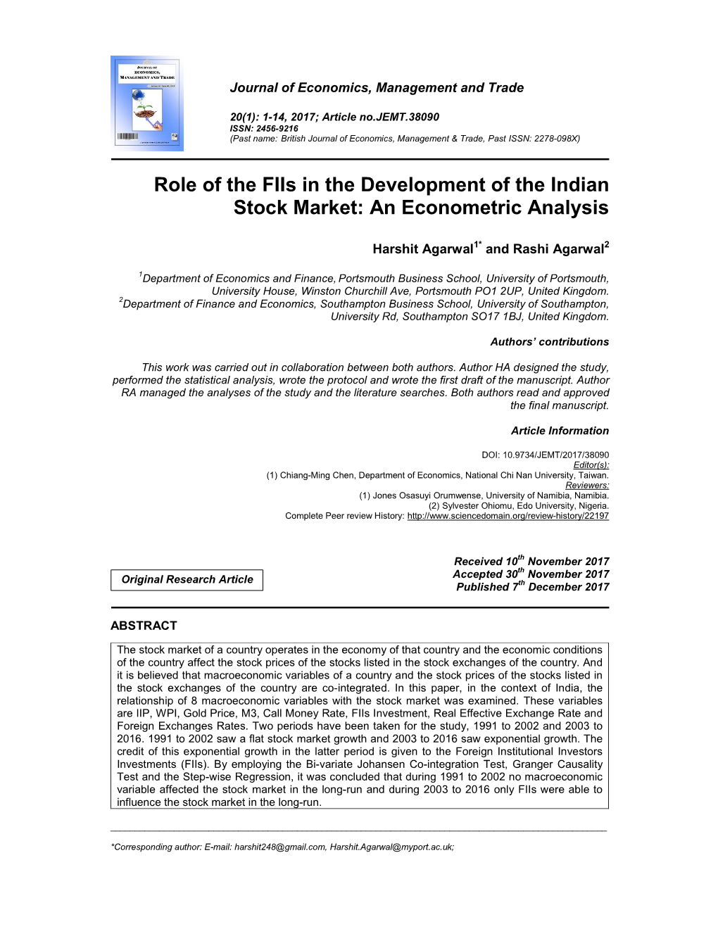 Role of the Fiis in the Development of the Indian Stock Market: an Econometric Analysis