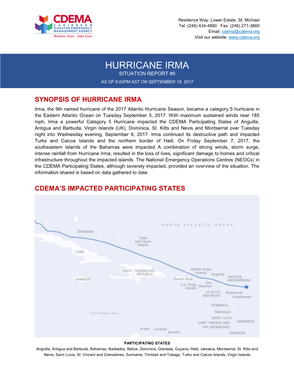 Hurricane Irma Situation Report #9 As of 9:00Pm Ast on September 18, 2017
