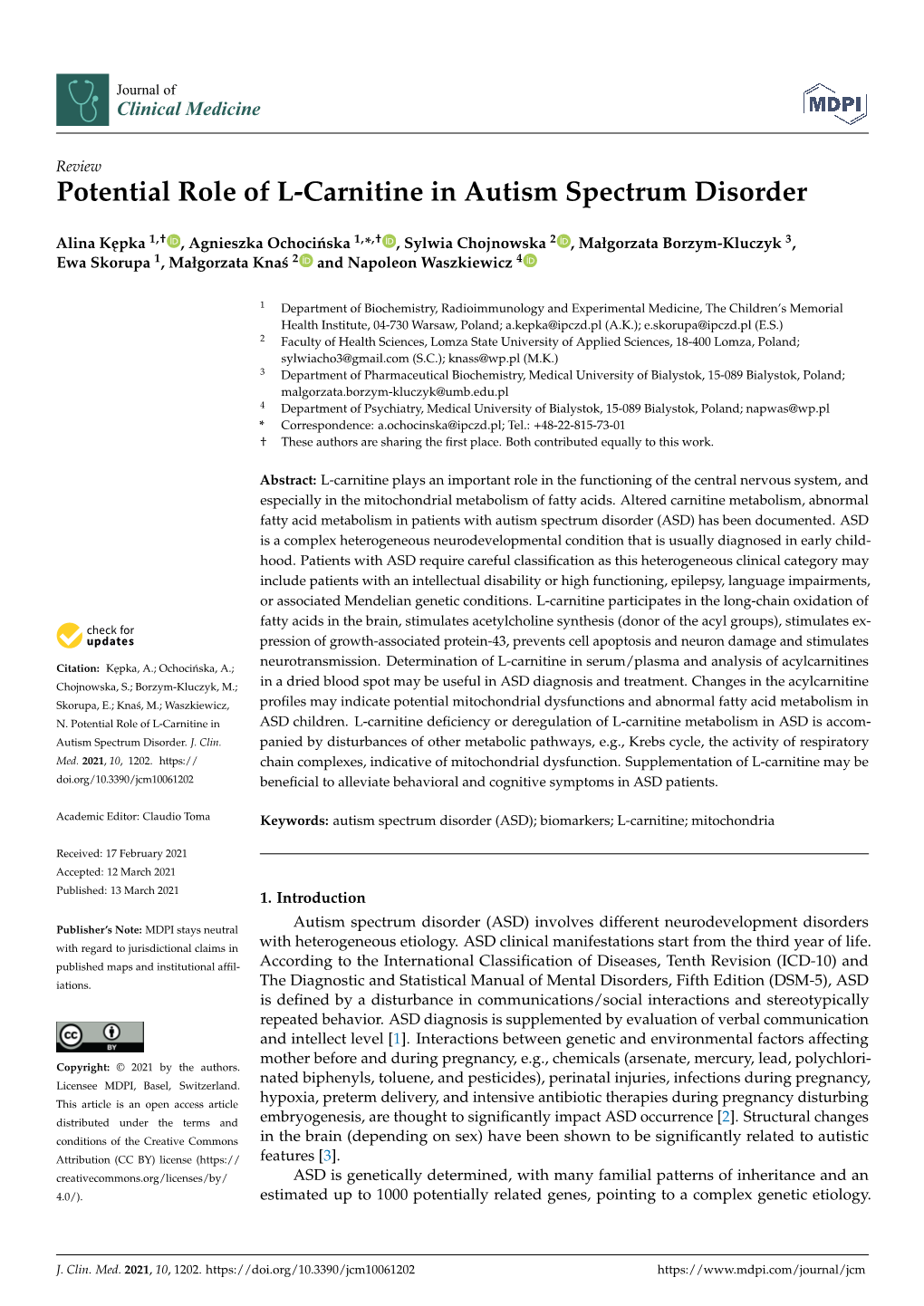 Potential Role of L-Carnitine in Autism Spectrum Disorder