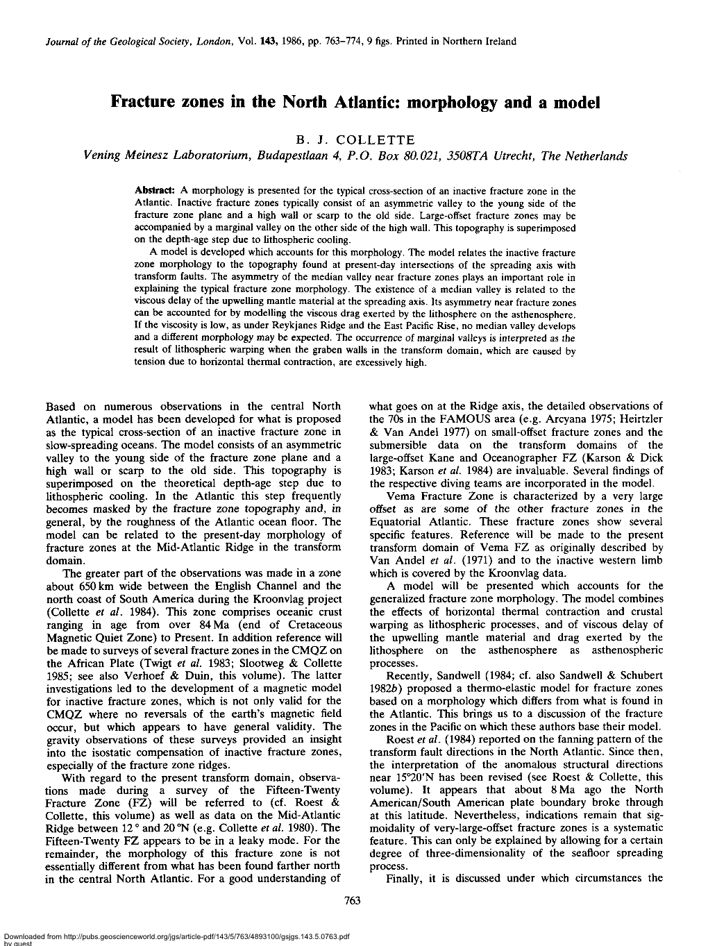 Fracture Zones in the North Atlantic: Morphology and a Model