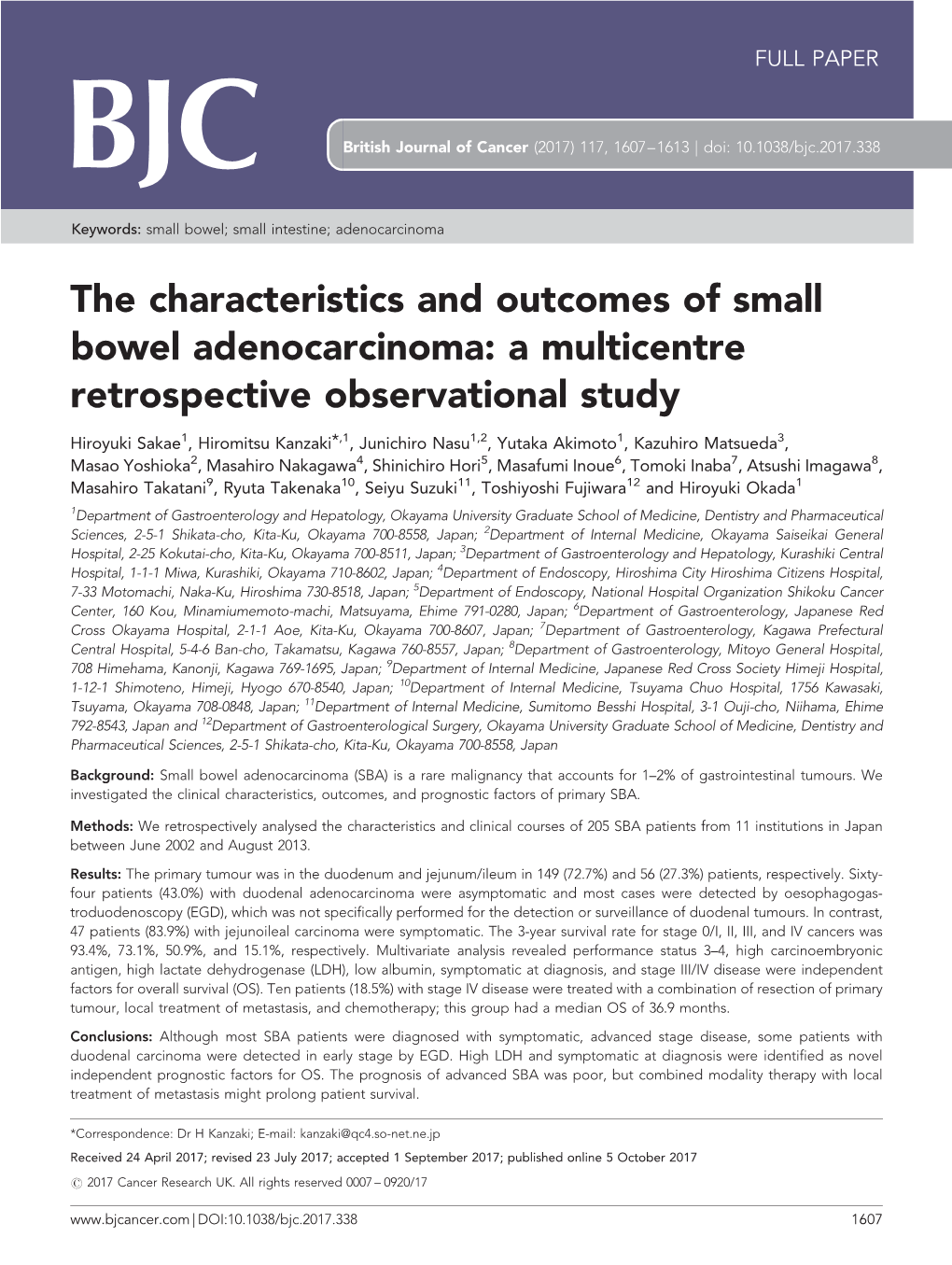 The Characteristics and Outcomes of Small Bowel Adenocarcinoma: a Multicentre Retrospective Observational Study