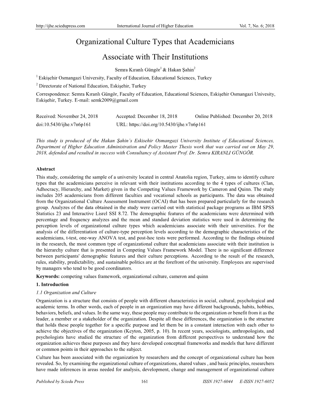 Organizational Culture Types That Academicians Associate with Their Institutions