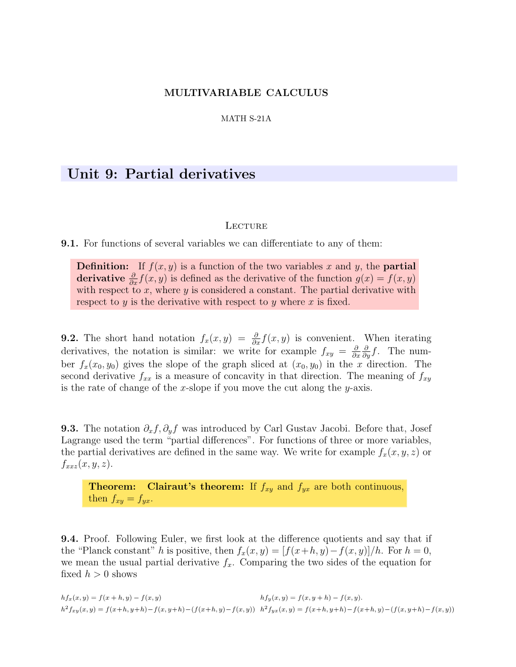 Unit 9: Partial Derivatives