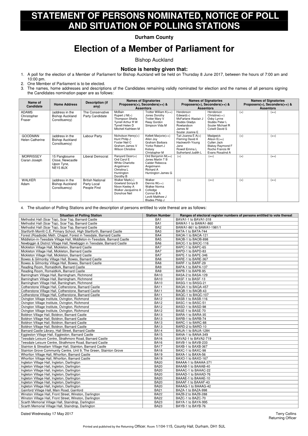 Statement of Persons Nominated, Notice of Poll and Situation of Polling Stations