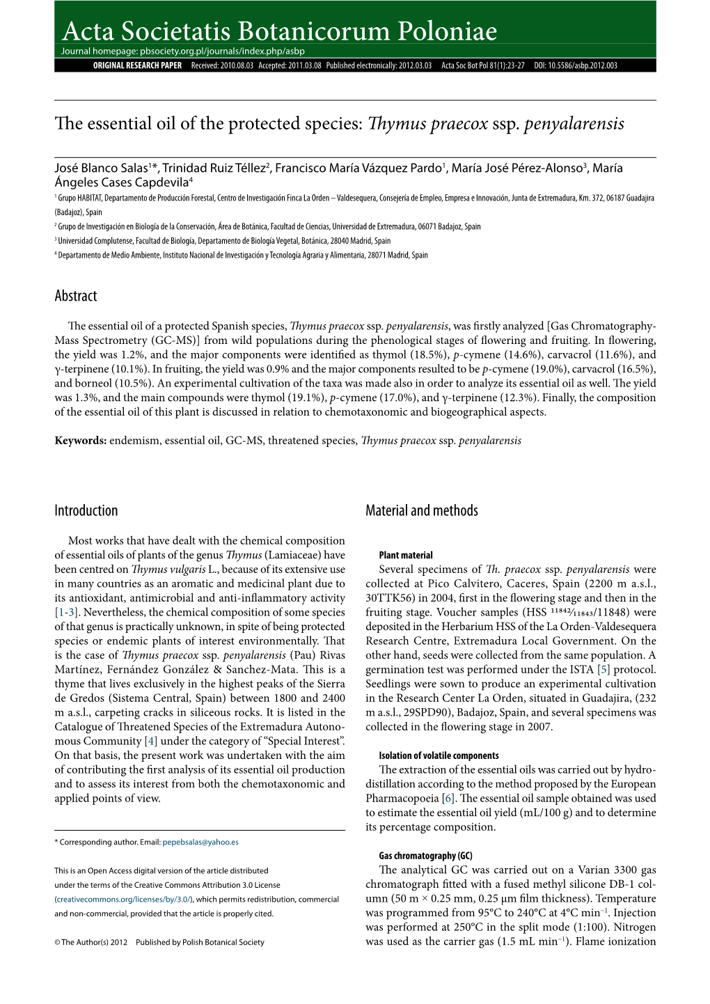 The Essential Oil of the Protected Species: Thymus Praecox Ssp