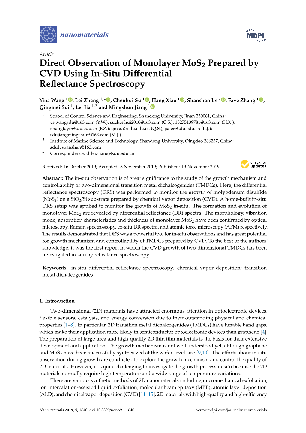 Direct Observation of Monolayer Mos2 Prepared by CVD Using In-Situ Diﬀerential Reﬂectance Spectroscopy