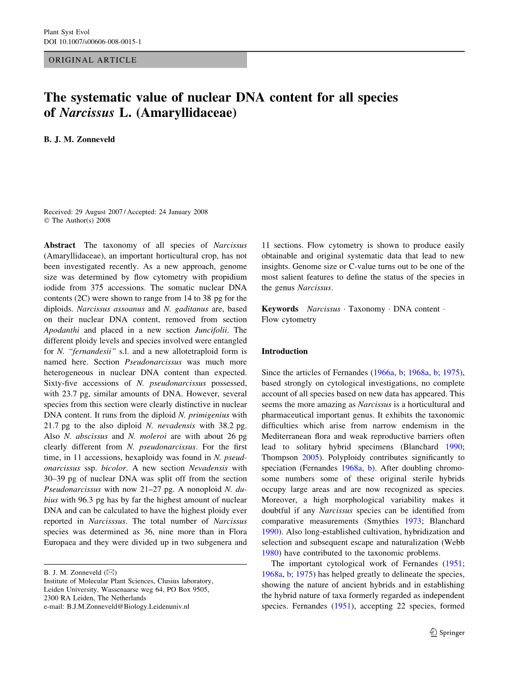 The Systematic Value of Nuclear DNA Content for All Species of Narcissus L. (Amaryllidaceae)
