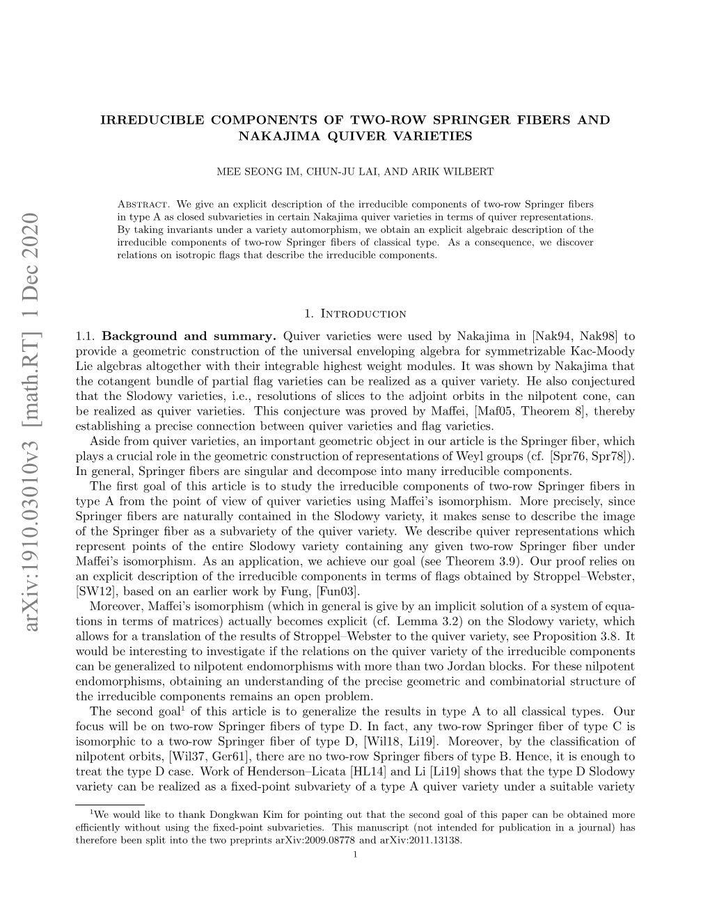 Arxiv:1910.03010V3 [Math.RT] 1 Dec 2020