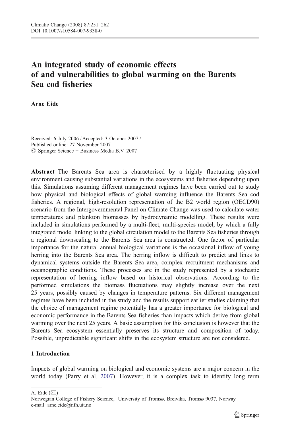 An Integrated Study of Economic Effects of and Vulnerabilities to Global Warming on the Barents Sea Cod Fisheries