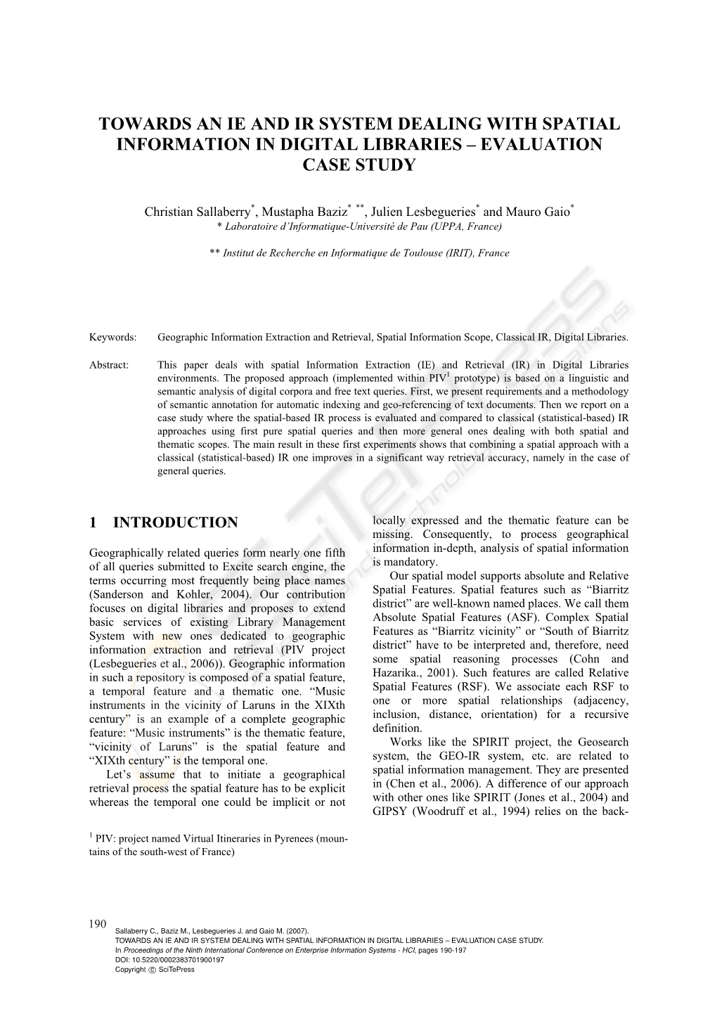 Towards an Ie and Ir System Dealing with Spatial Information in Digital Libraries – Evaluation Case Study