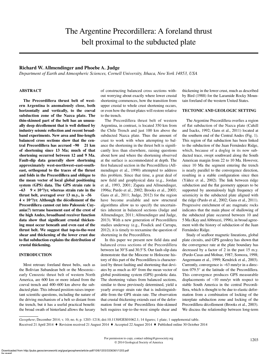 The Argentine Precordillera: a Foreland Thrust Belt Proximal to the Subducted Plate