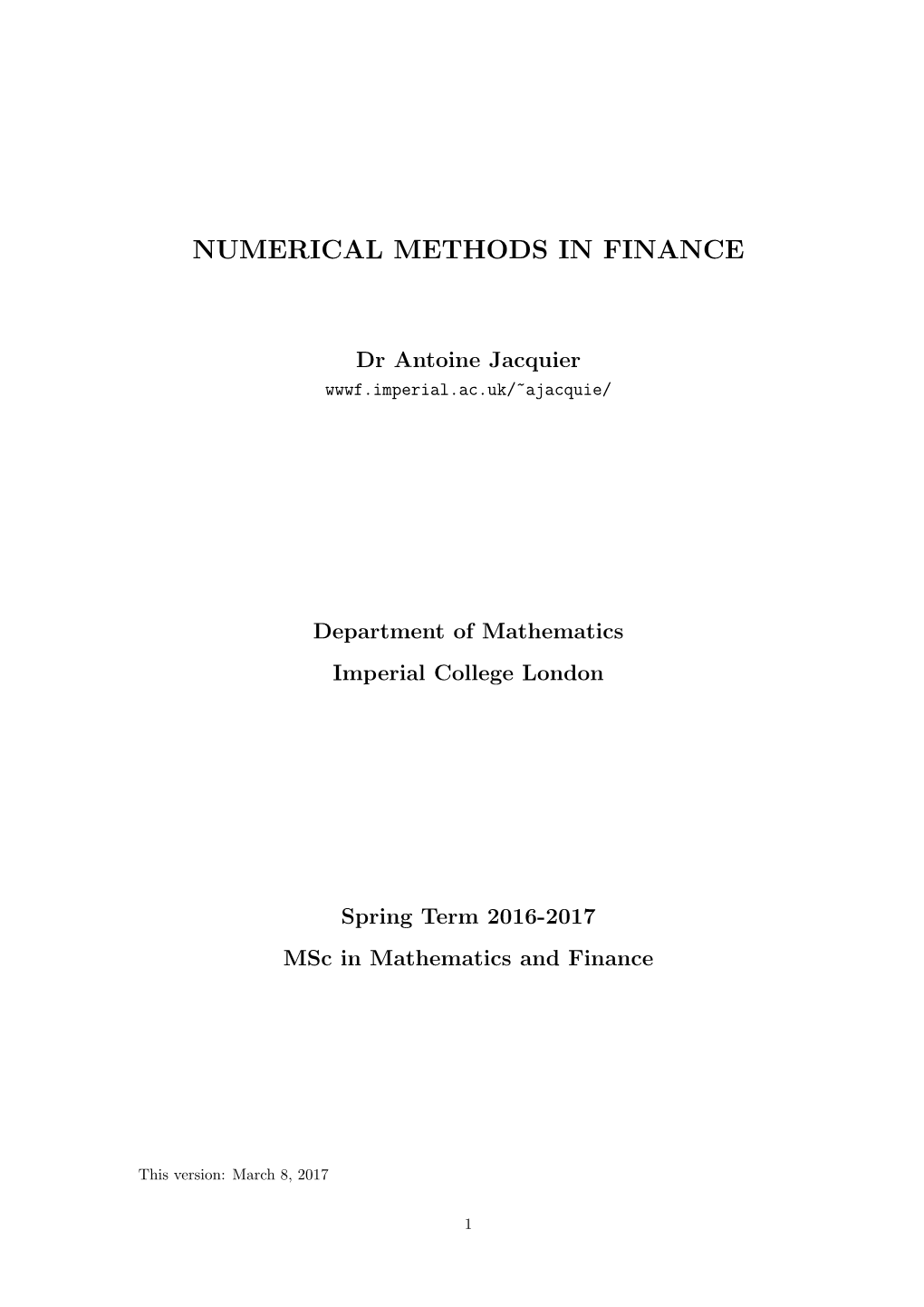 Numerical Methods in Finance