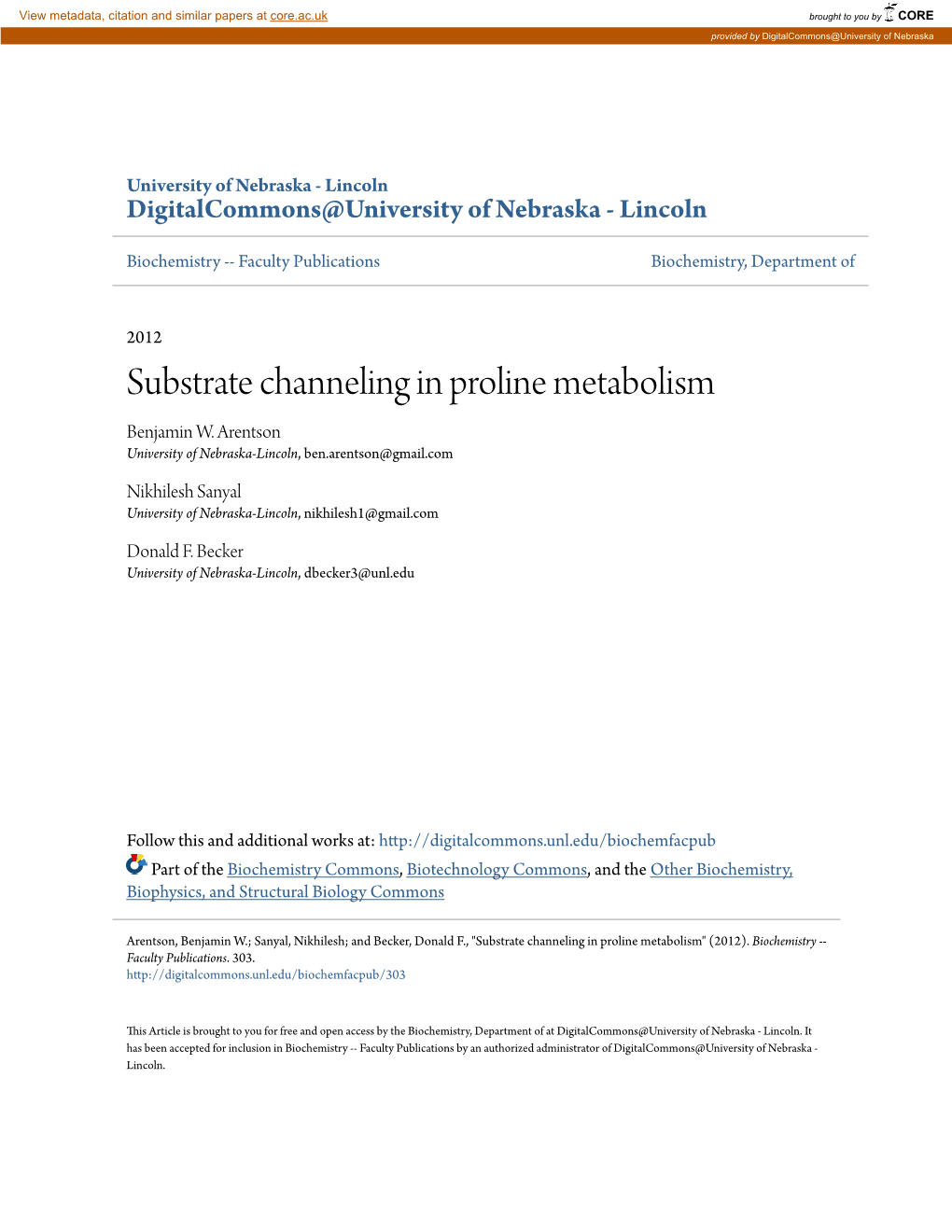 Substrate Channeling in Proline Metabolism Benjamin W