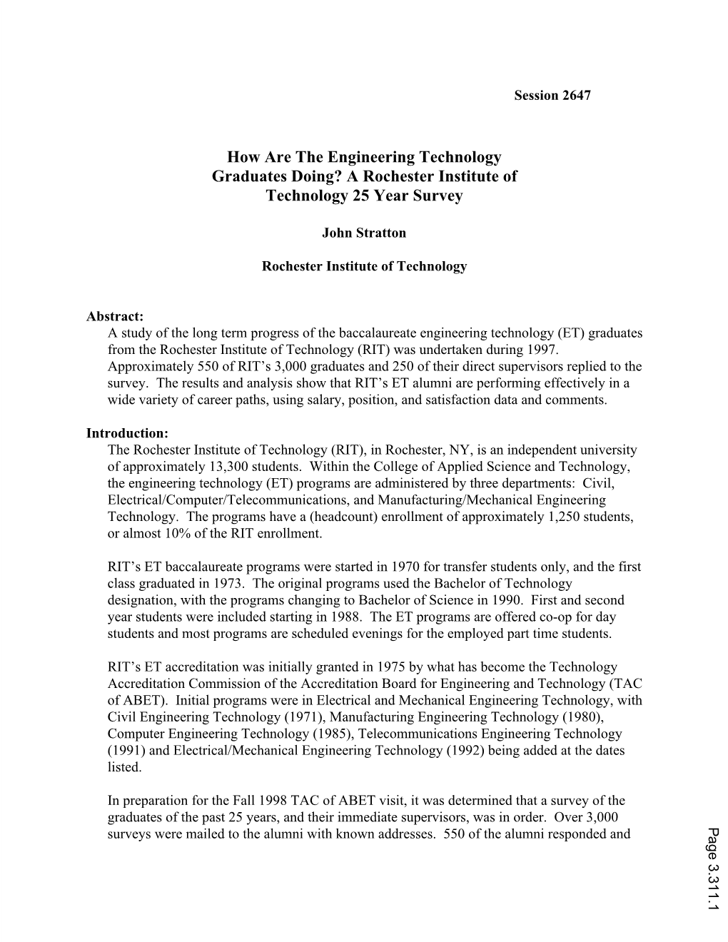 How Are the Engineering Technology Graduates Doing? a Rochester Institute of Technology 25 Year Survey