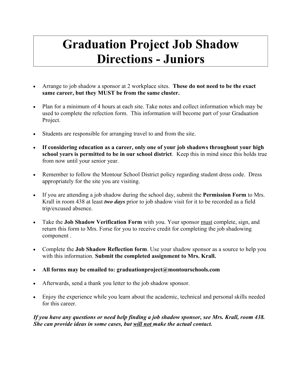 Graduation Project Job Shadow Directions - Juniors