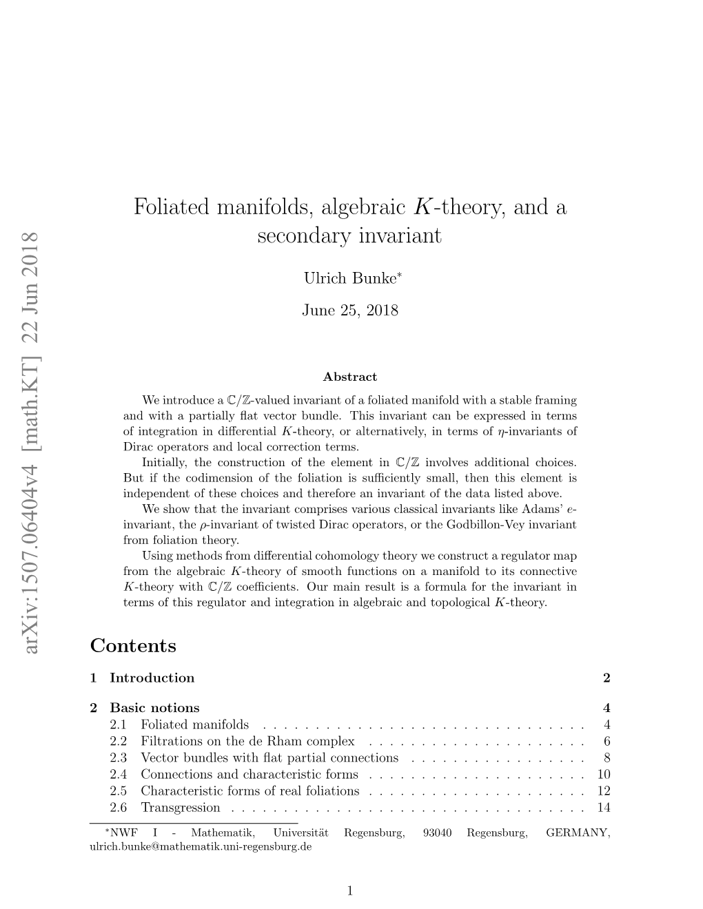 Foliated Manifolds, Algebraic K-Theory, and a Secondary Invariant