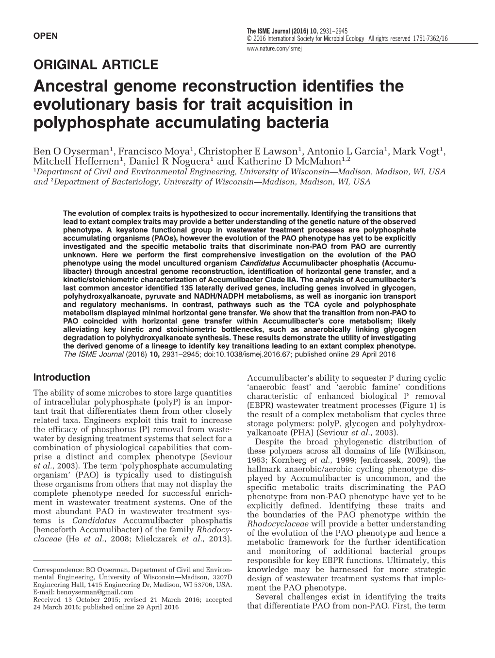 Ancestral Genome Reconstruction Identifies the Evolutionary Basis for Trait Acquisition in Polyphosphate Accumulating Bacteria