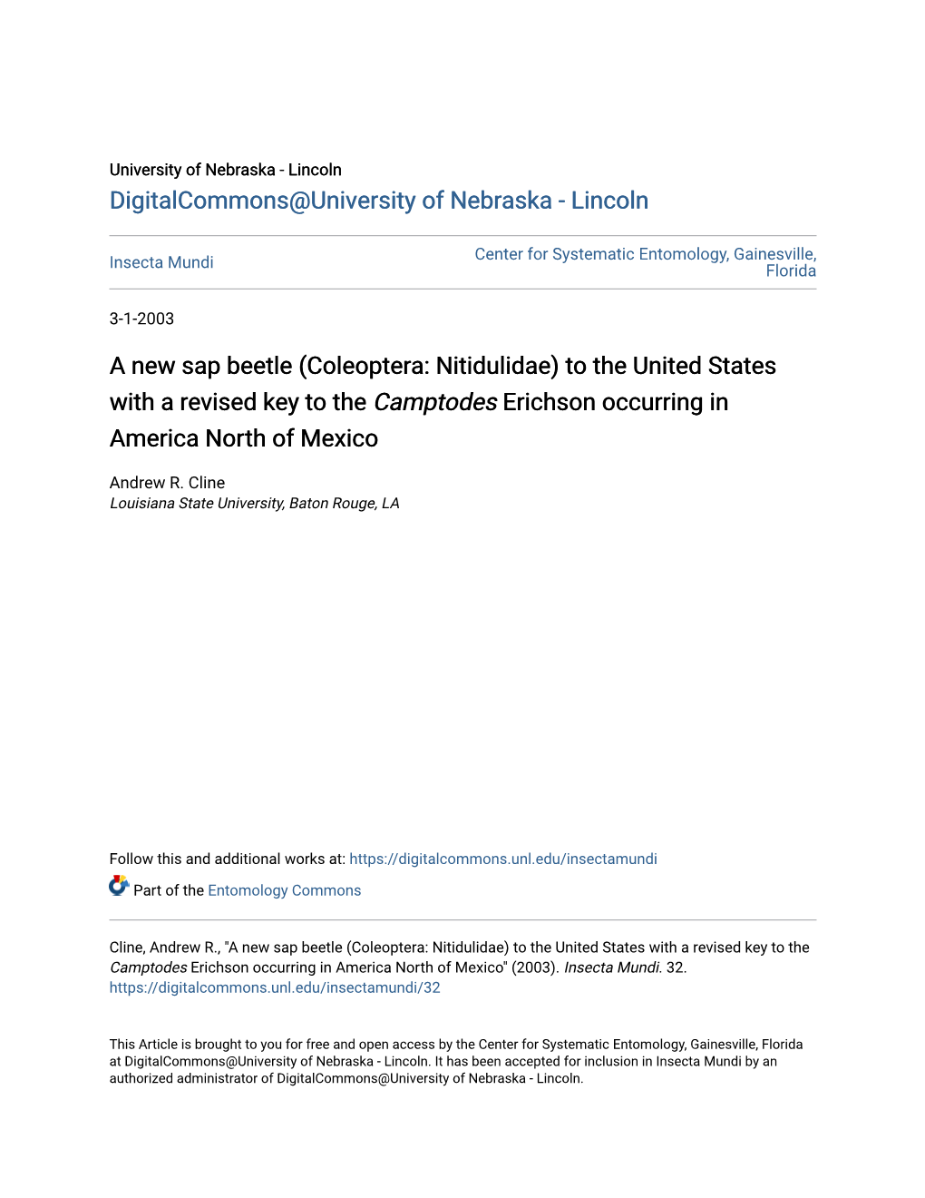 A New Sap Beetle (Coleoptera: Nitidulidae) to the United States with a Revised Key to the Camptodes Erichson Occurring in America North of Mexico