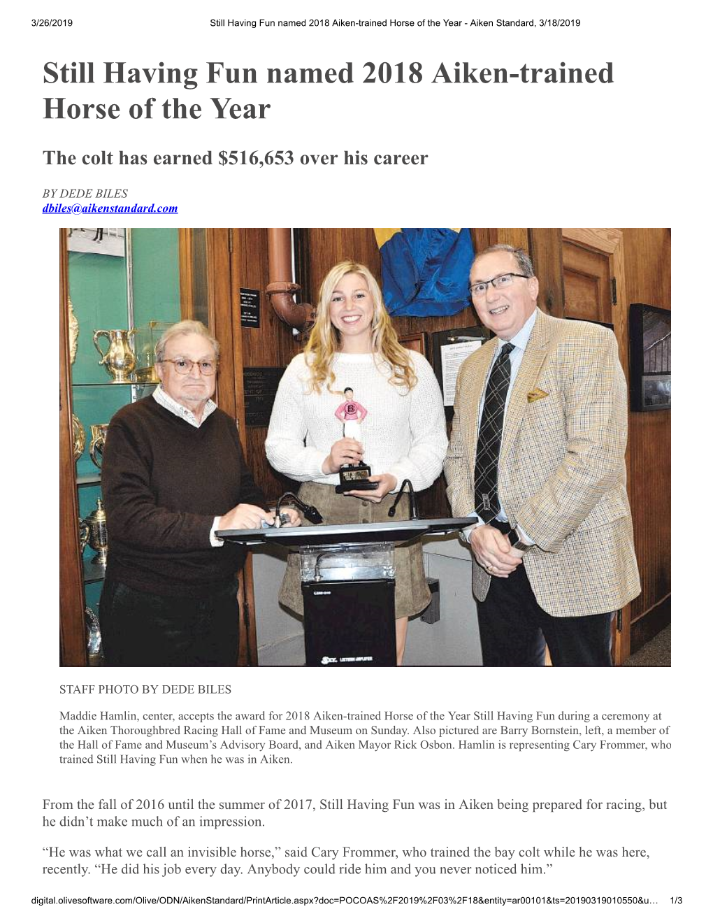 Still Having Fun Named 2018 Aiken-Trained Horse of the Year - Aiken Standard, 3/18/2019